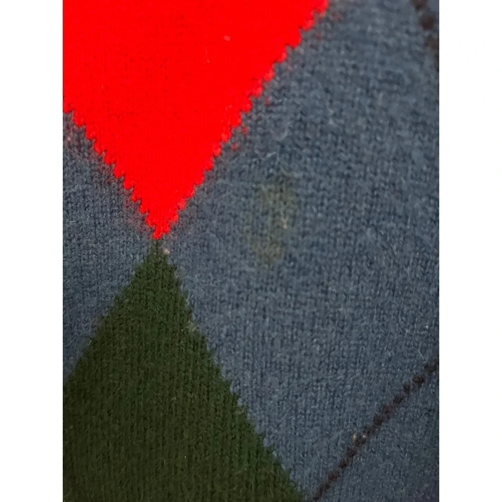 Vintage Ping Karsten  Red Blue Argyle 100% Cashmere V-Neck Sweater